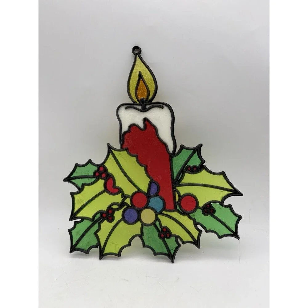 Vintage Faux Stained Glass Candle Holly Christmas Suncatcher Window Hanging